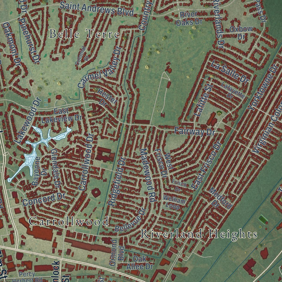 Close-up of the map of Laplace, Louisiana print showing street and building detail