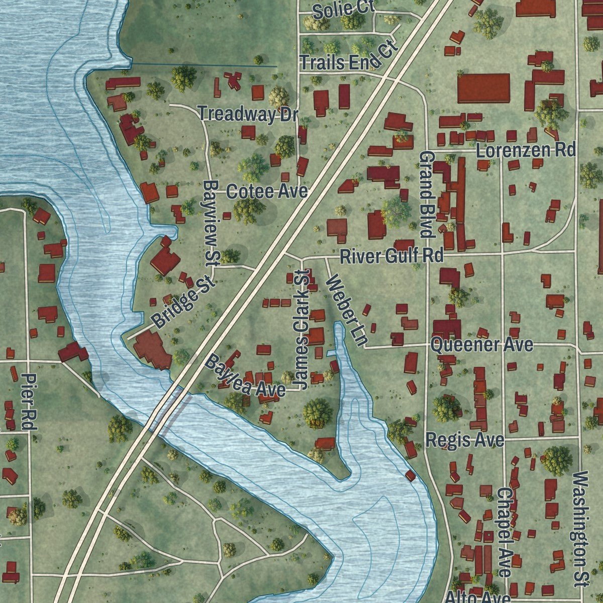 Close-up of the map of Port Richey, Florida print showing street and building detail