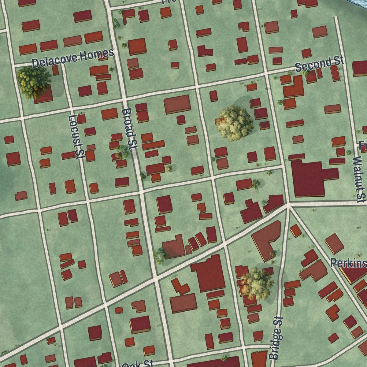 Close-up of the map of Beverly, New Jersey print showing street and building detail