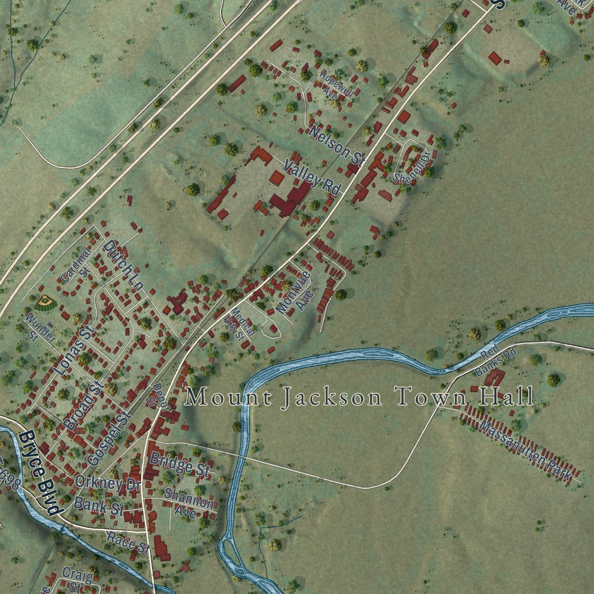 Close-up of the map of Mount Jackson, Virginia print showing street and building detail