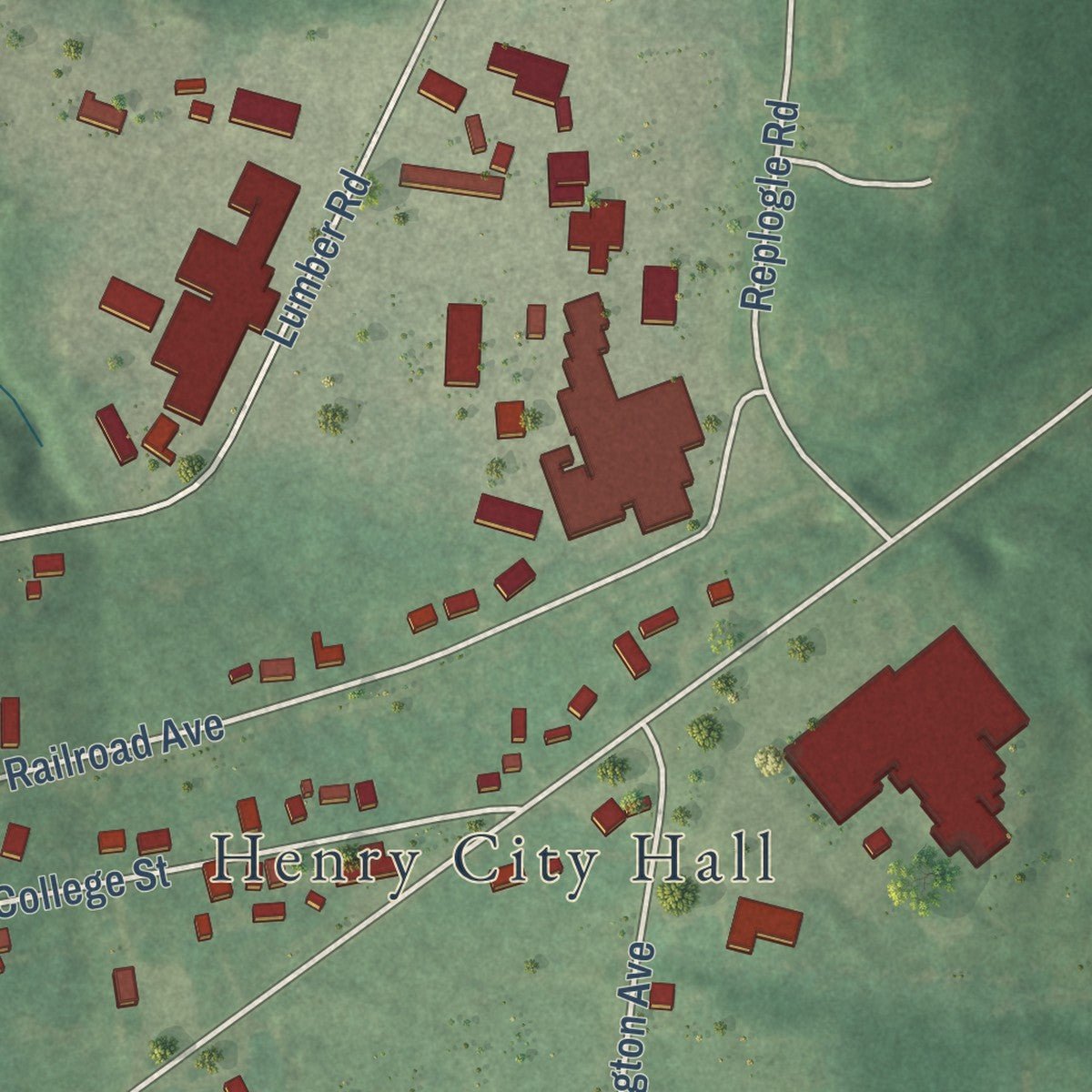 Close-up of the map of Henry, Tennessee print showing street and building detail