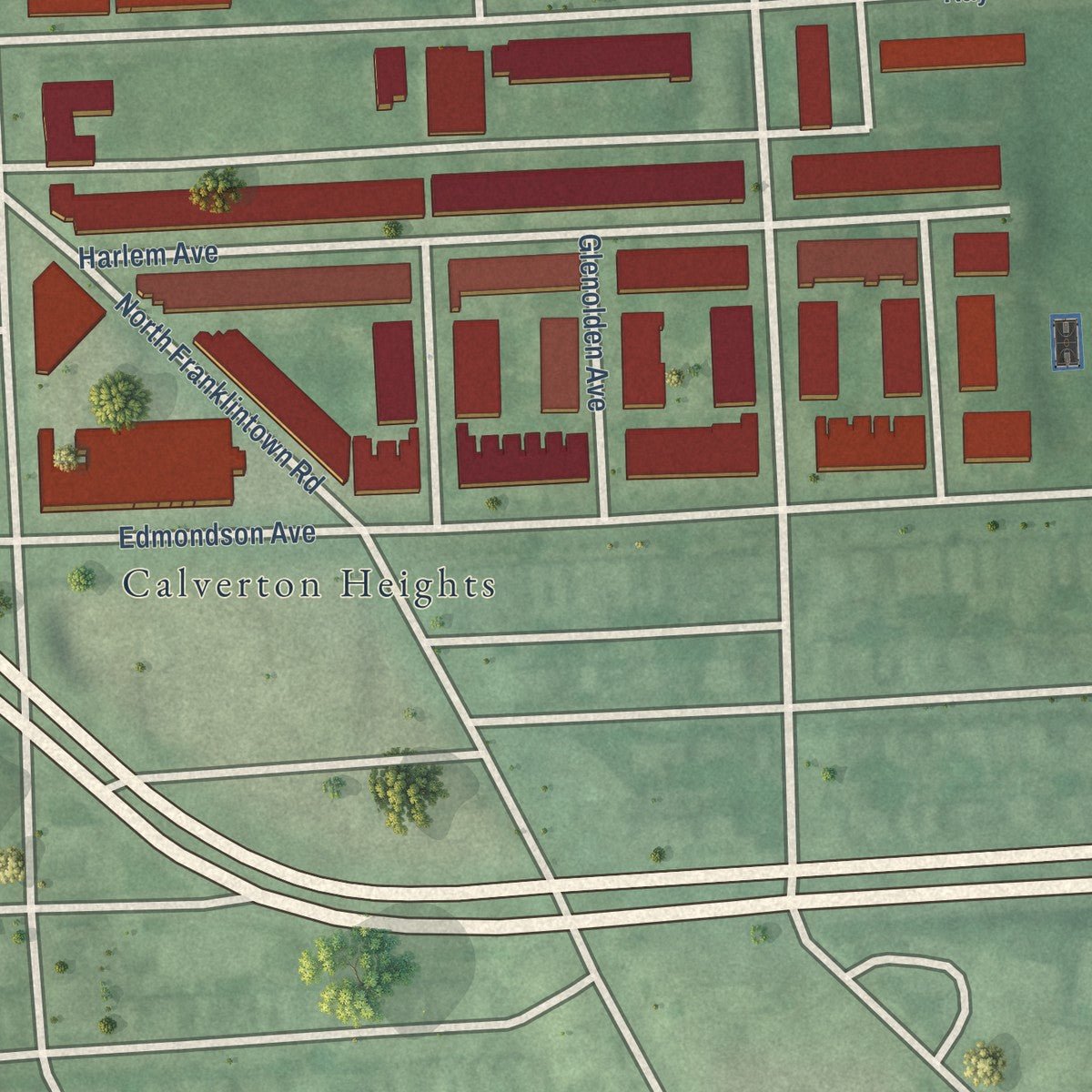 Close-up of the map of Mosher, Maryland print showing street and building detail