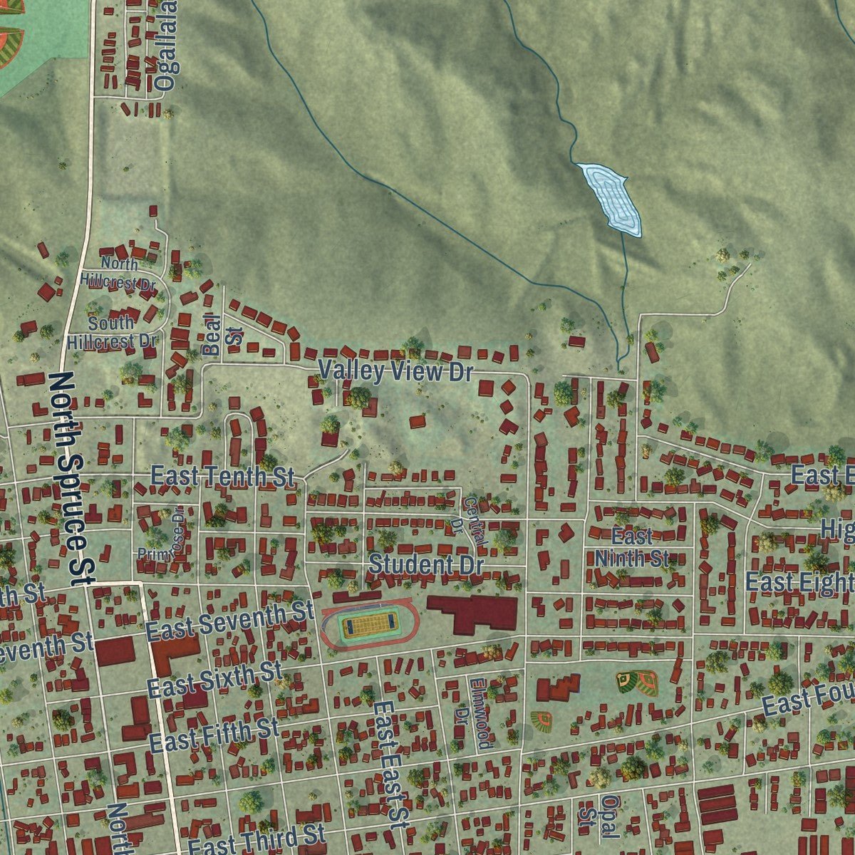 Close-up of the map of Ogallala, Nebraska print showing street and building detail