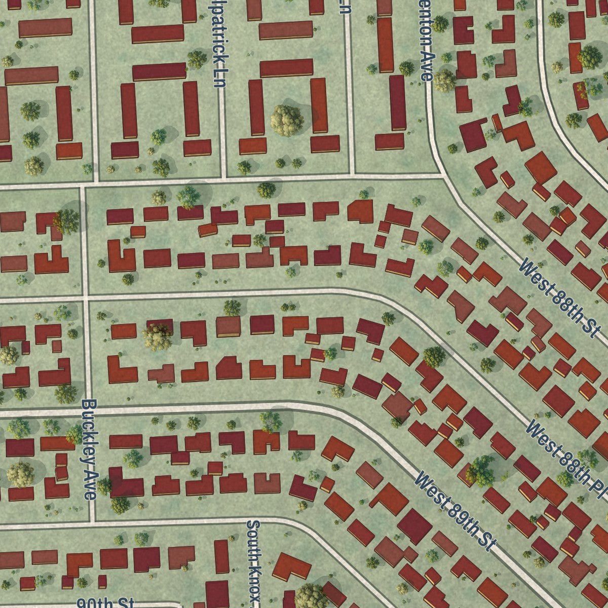 Close-up of the map of Hometown, Illinois print showing street and building detail
