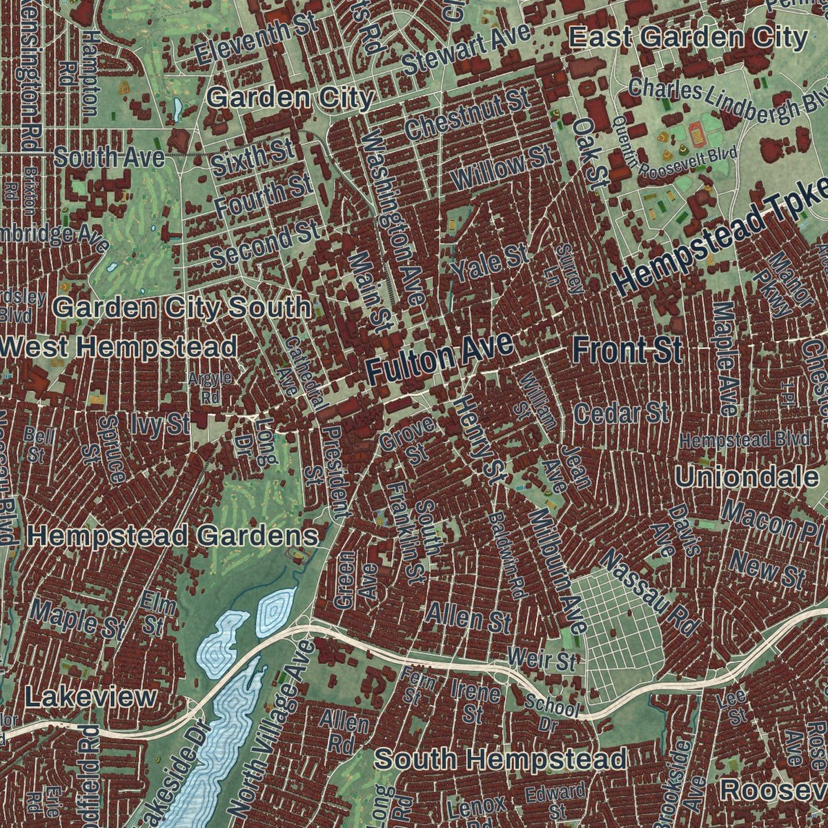 Close-up of the map of the Town of Hempstead, New York print showing street and building detail
