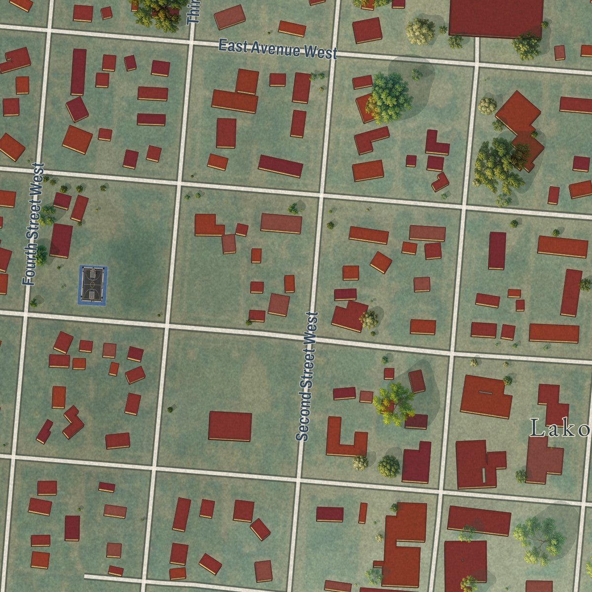 Close-up of the map of Lakota, North Dakota print showing street and building detail