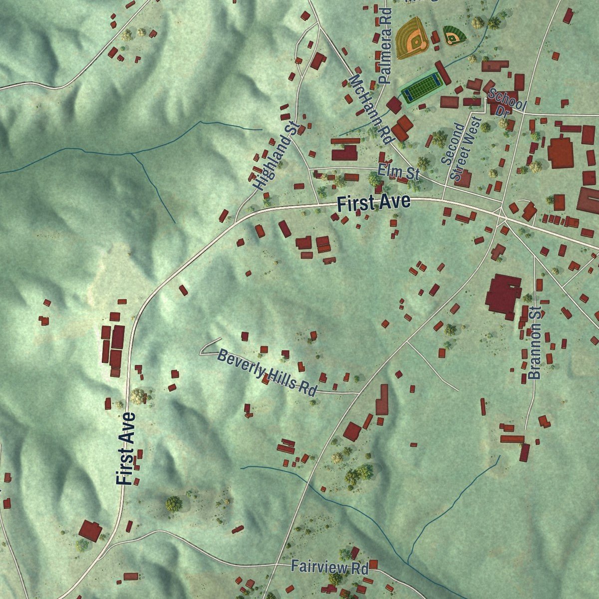 Close-up of the map of Addison, Alabama print showing street and building detail
