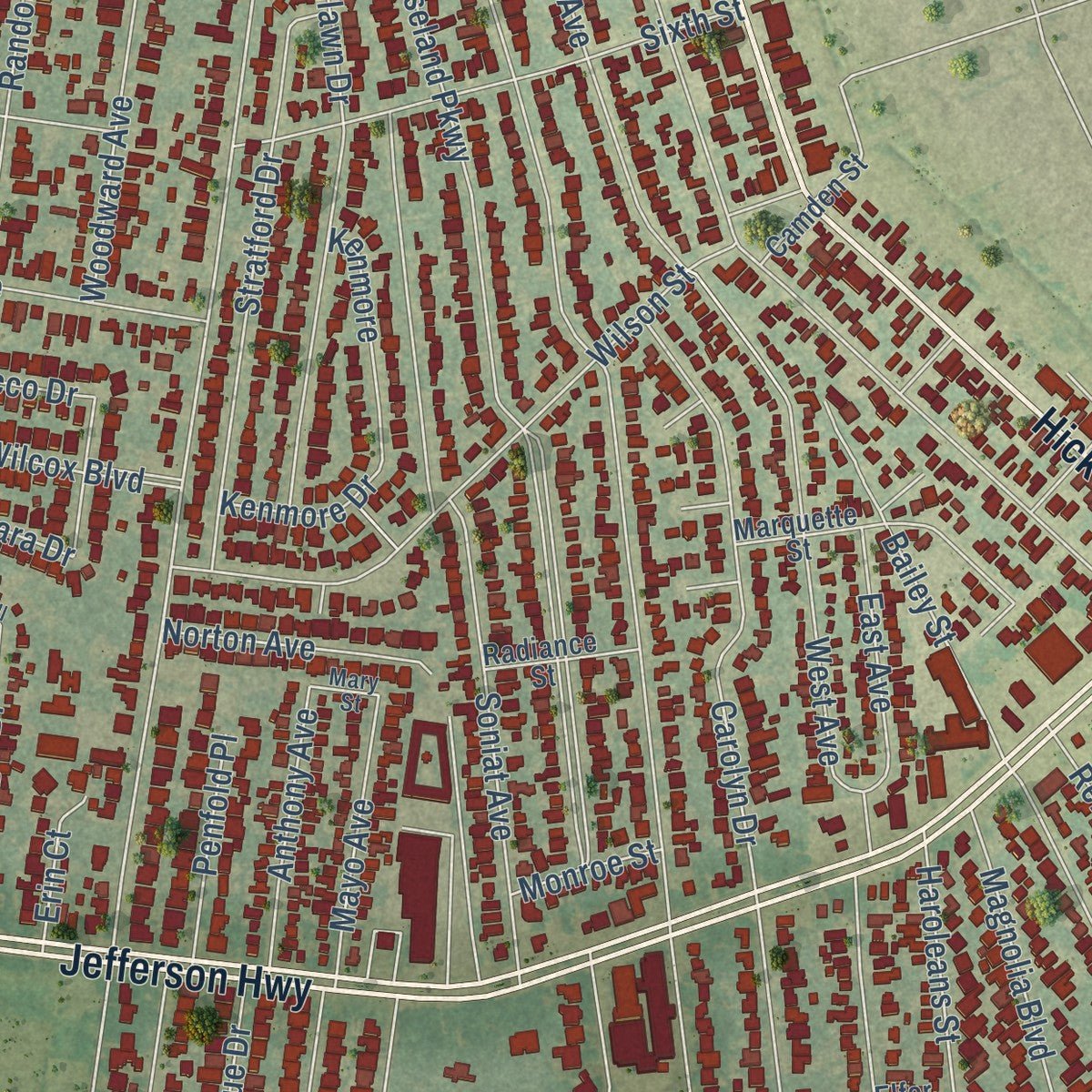 Close-up of the map of Harahan, Louisiana print showing street and building detail