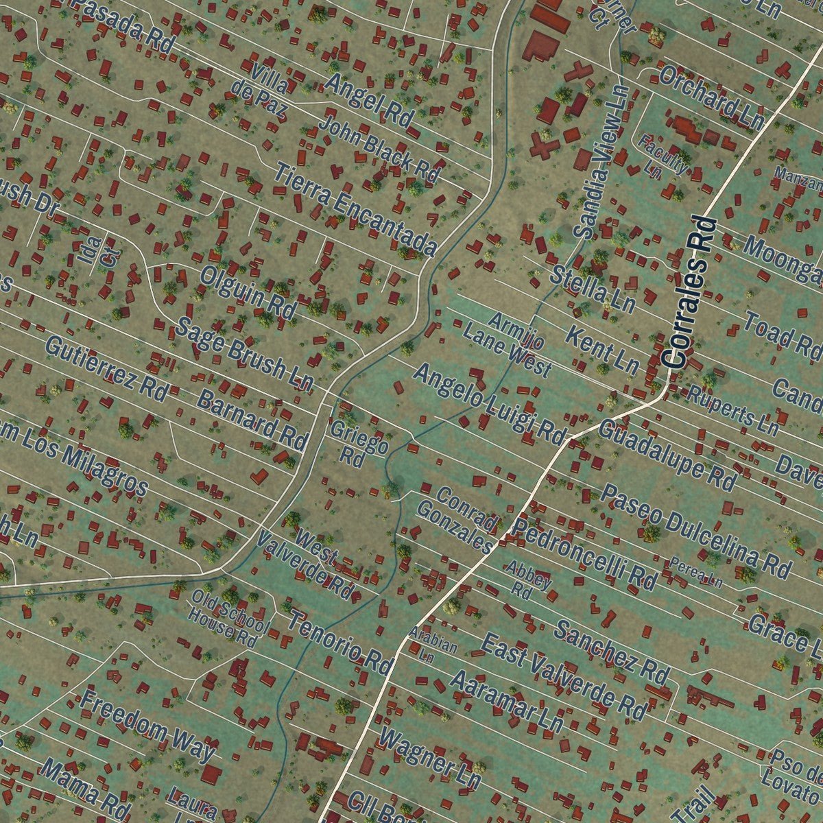 Close-up of the map of Corrales, New Mexico print showing street and building detail