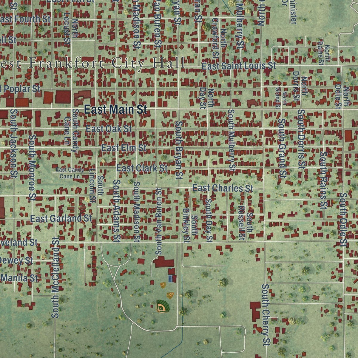 Close-up of the map of West Frankfort, Illinois print showing street and building detail