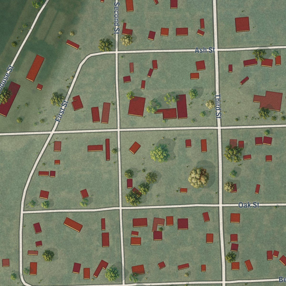 Close-up of the map of Bee, Nebraska print showing street and building detail
