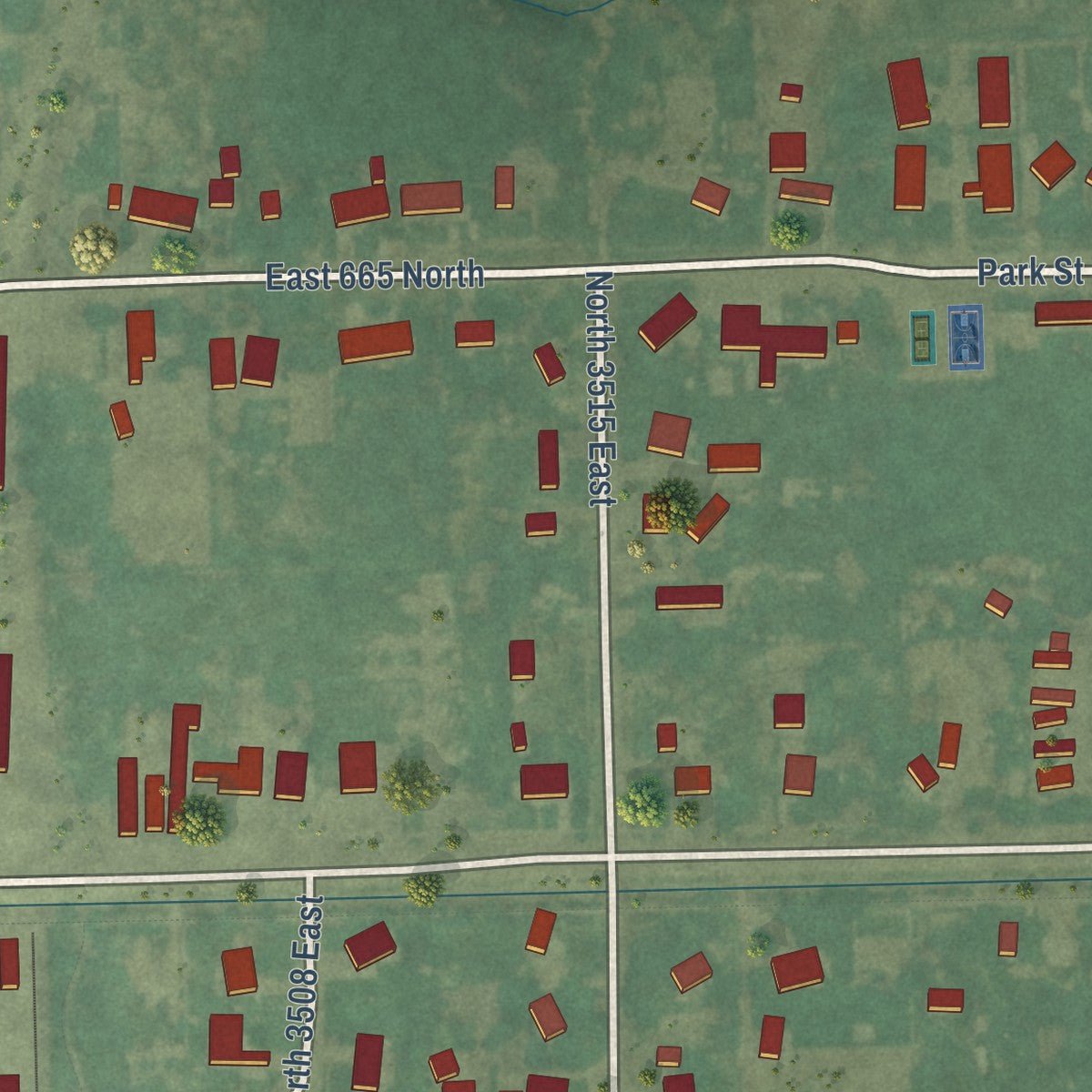 Close-up of the map of Menan, Idaho print showing street and building detail