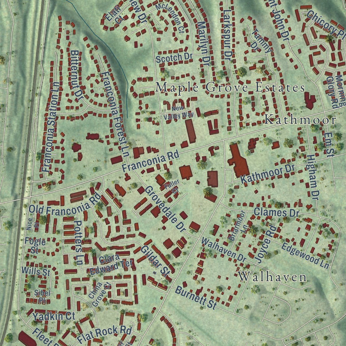 Close-up of the map of Franconia, Virginia print showing street and building detail