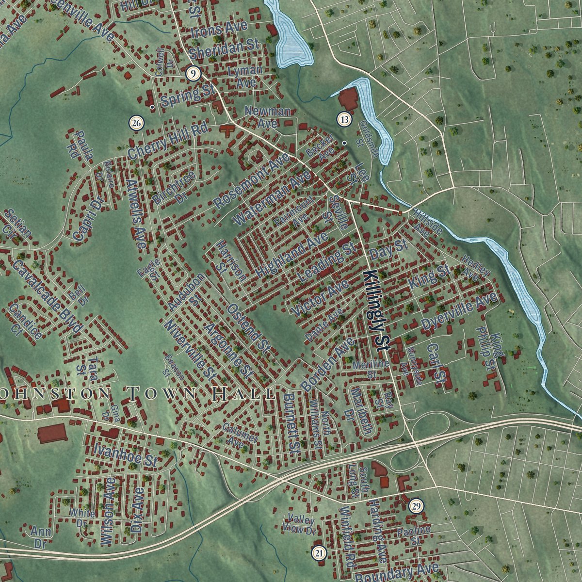 Close-up of the map of Johnston, Rhode Island print showing street and building detail