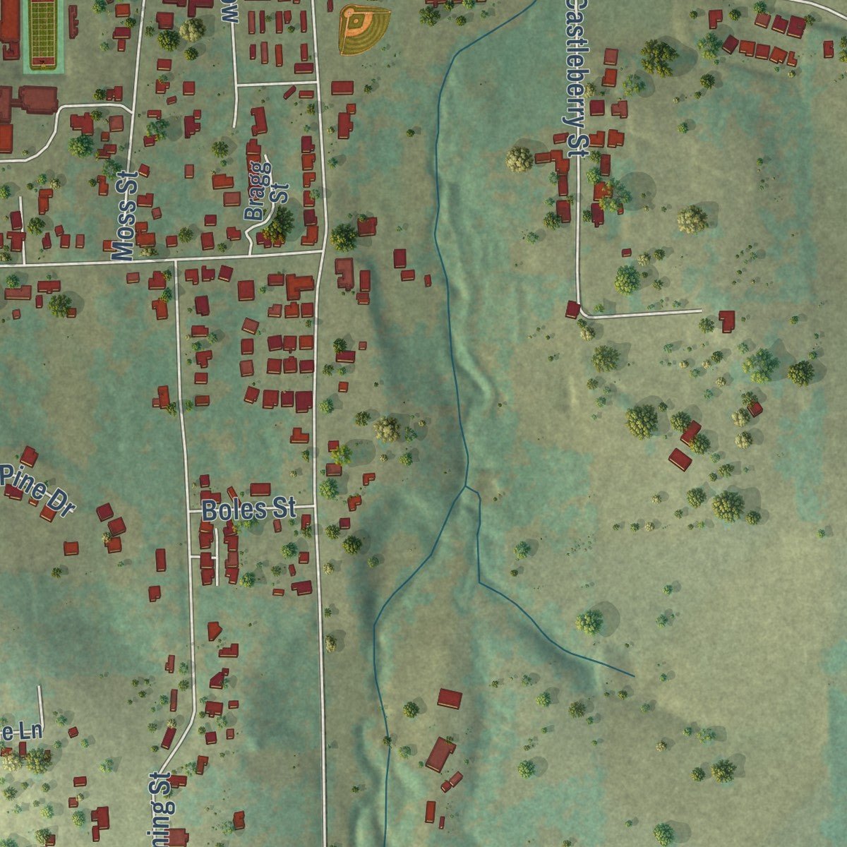 Close-up of the map of Brownsboro, Texas print showing street and building detail
