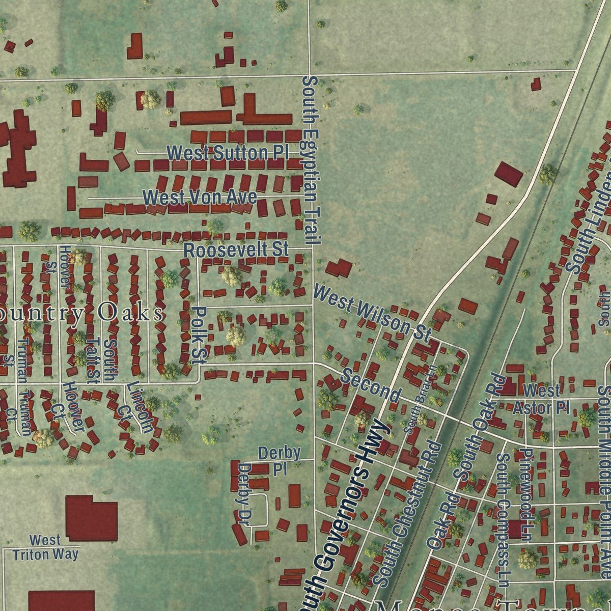 Close-up of the map of Monee, Illinois print showing street and building detail