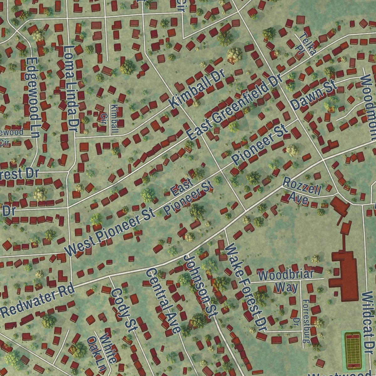 Close-up of the map of Wake Village, Texas print showing street and building detail