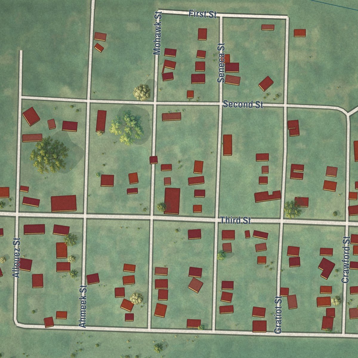 Close-up of the map of Copper City, Michigan print showing street and building detail