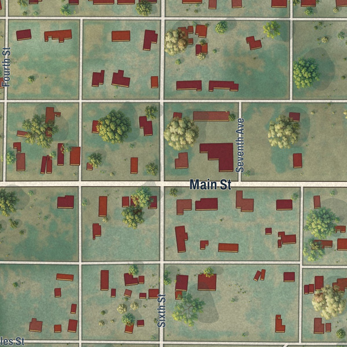 Close-up of the map of Turkey, Texas print showing street and building detail