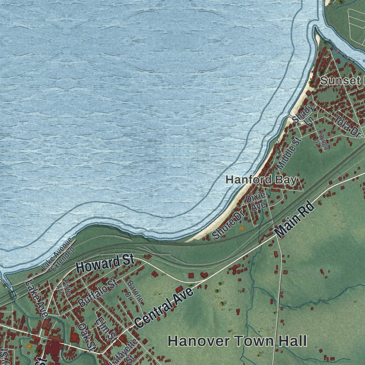 Close-up of the map of Hanover, New York print showing street and building detail