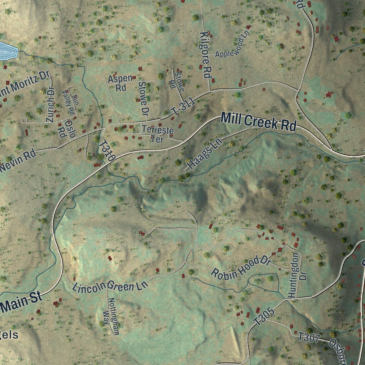 Close-up of the map of Dreher, Pennsylvania print showing street and building detail
