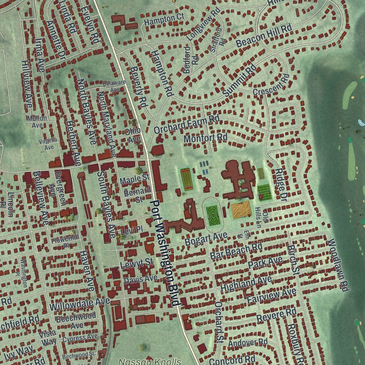 Close-up of the map of Port Washington, New York print showing street and building detail