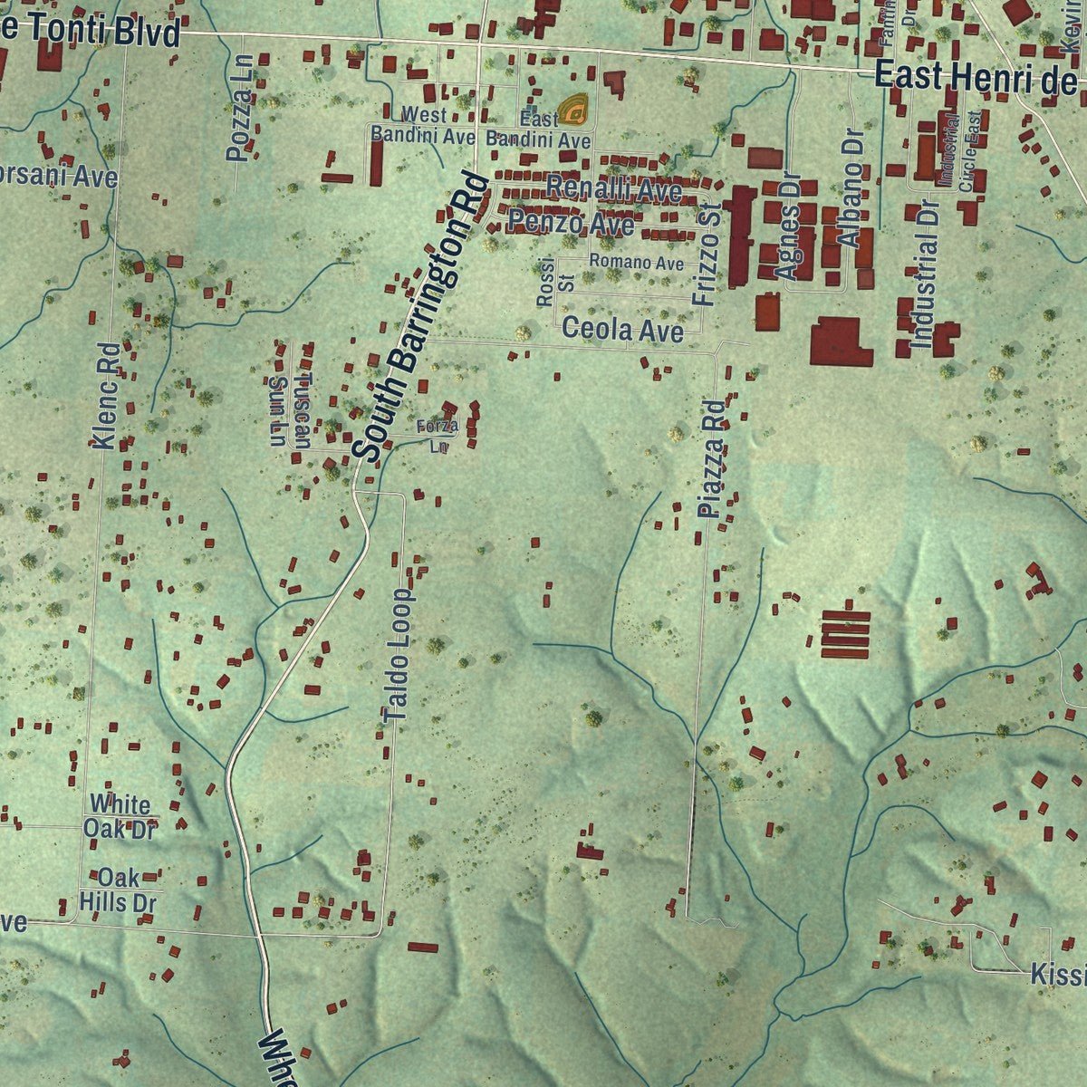 Close-up of the map of Tontitown, Arkansas print showing street and building detail