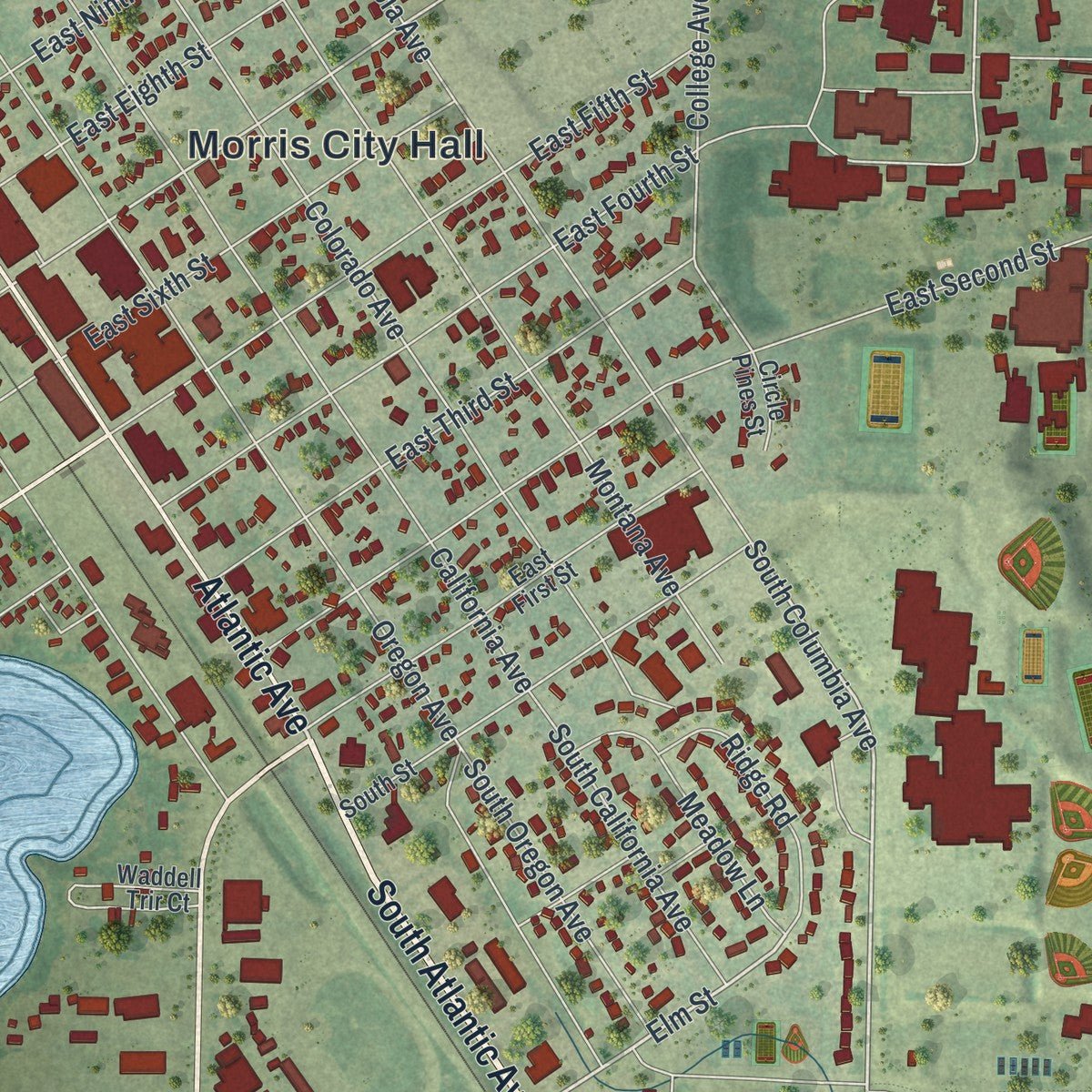 Close-up of the map of Morris, Minnesota print showing street and building detail