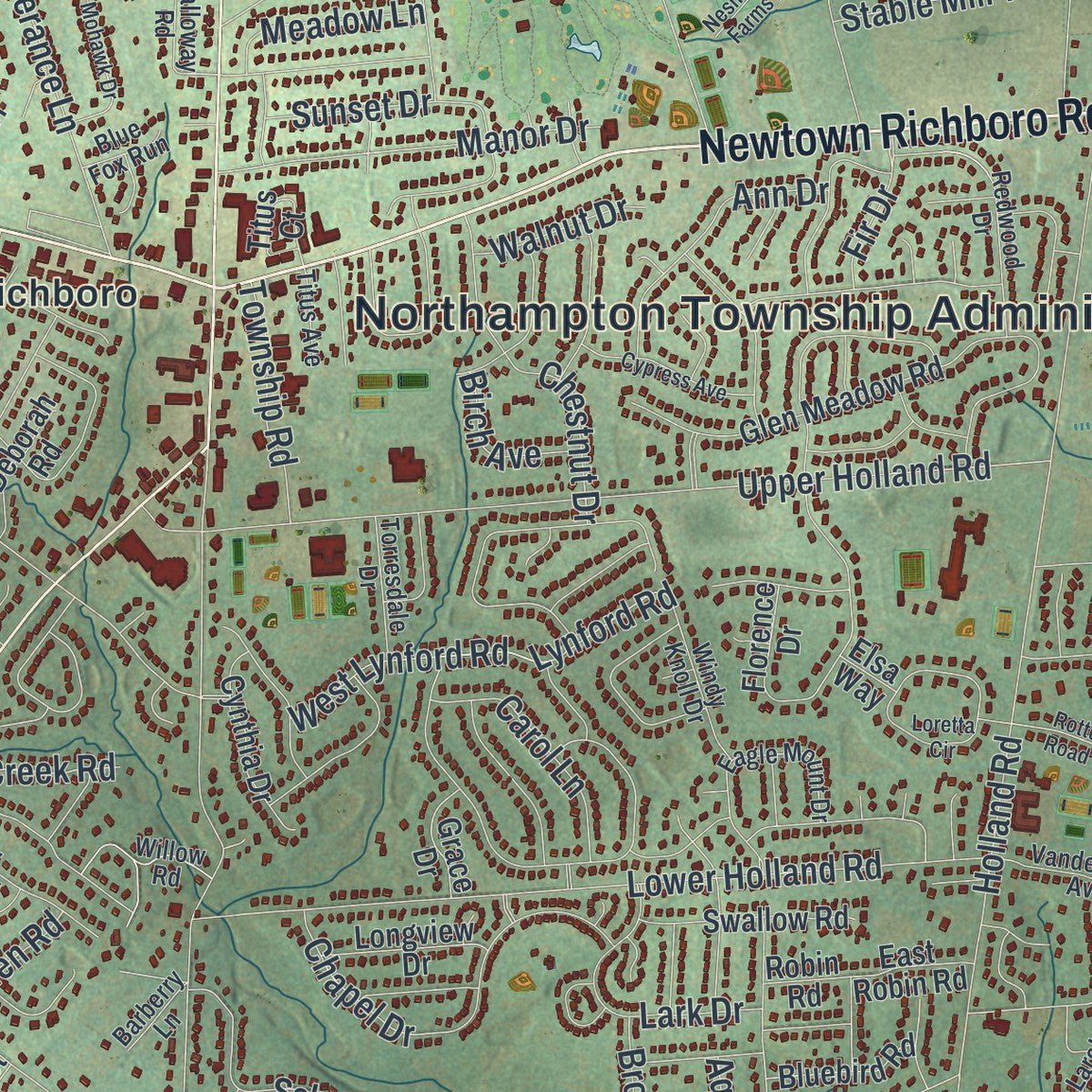 Close-up of the map of Northampton, Bucks County, Pennsylvania print showing street and building detail