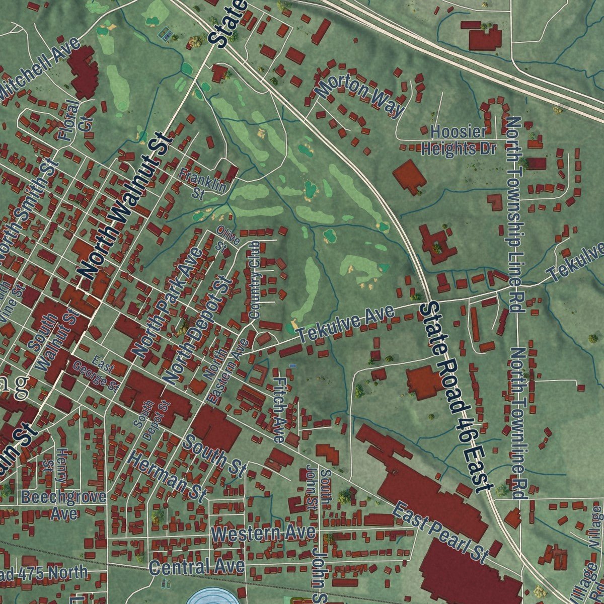 Close-up of the map of Batesville, Indiana print showing street and building detail