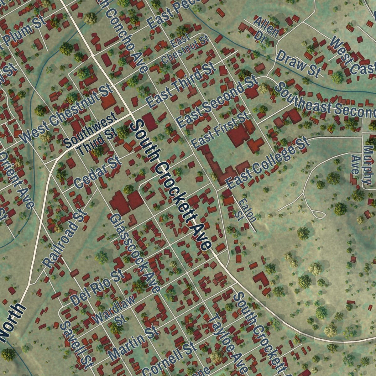 Close-up of the map of Sonora, Texas print showing street and building detail