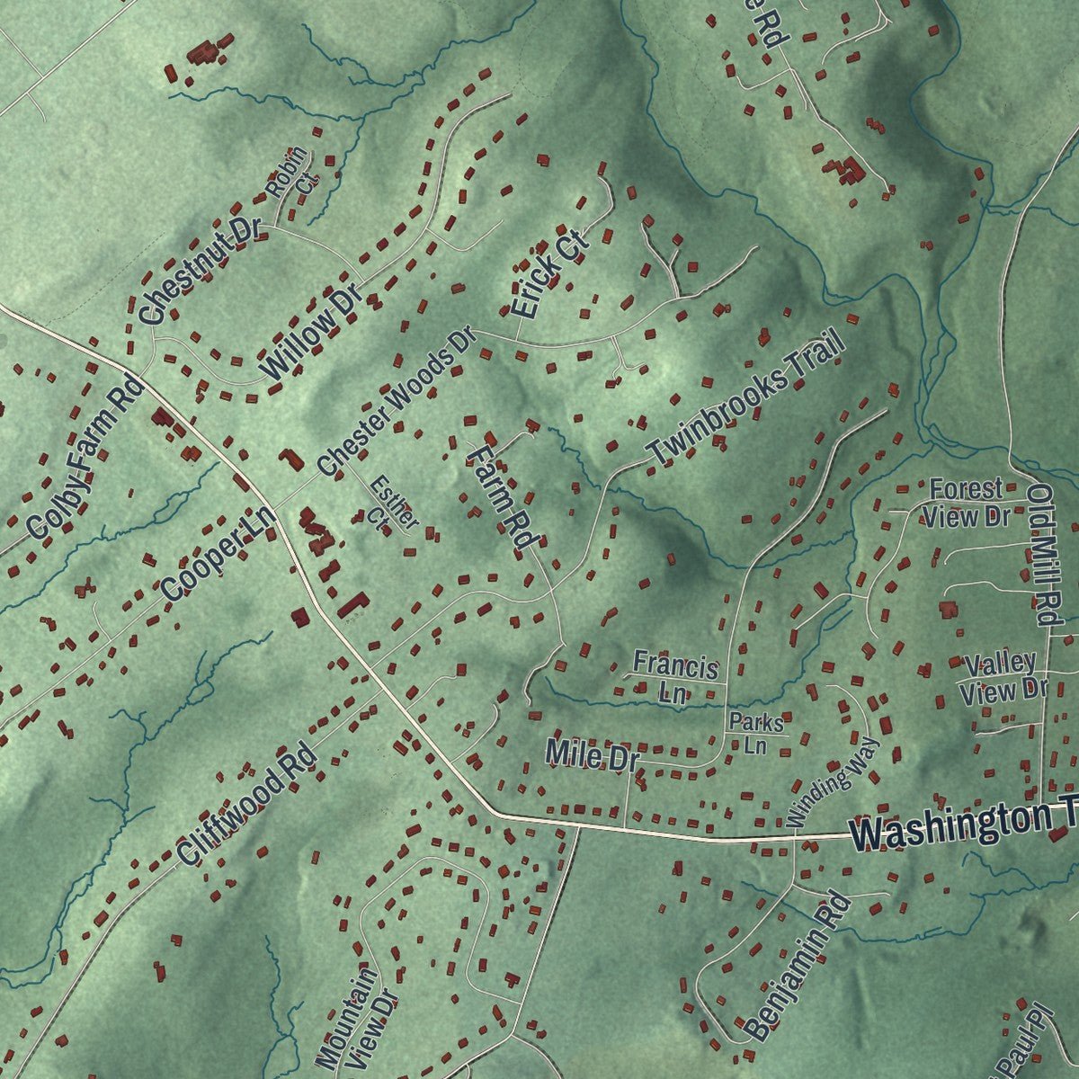 Close-up of the map of Chester, Morris County, New Jersey print showing street and building detail