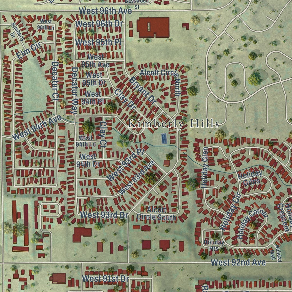 Close-up of the map of Federal Heights, Colorado print showing street and building detail