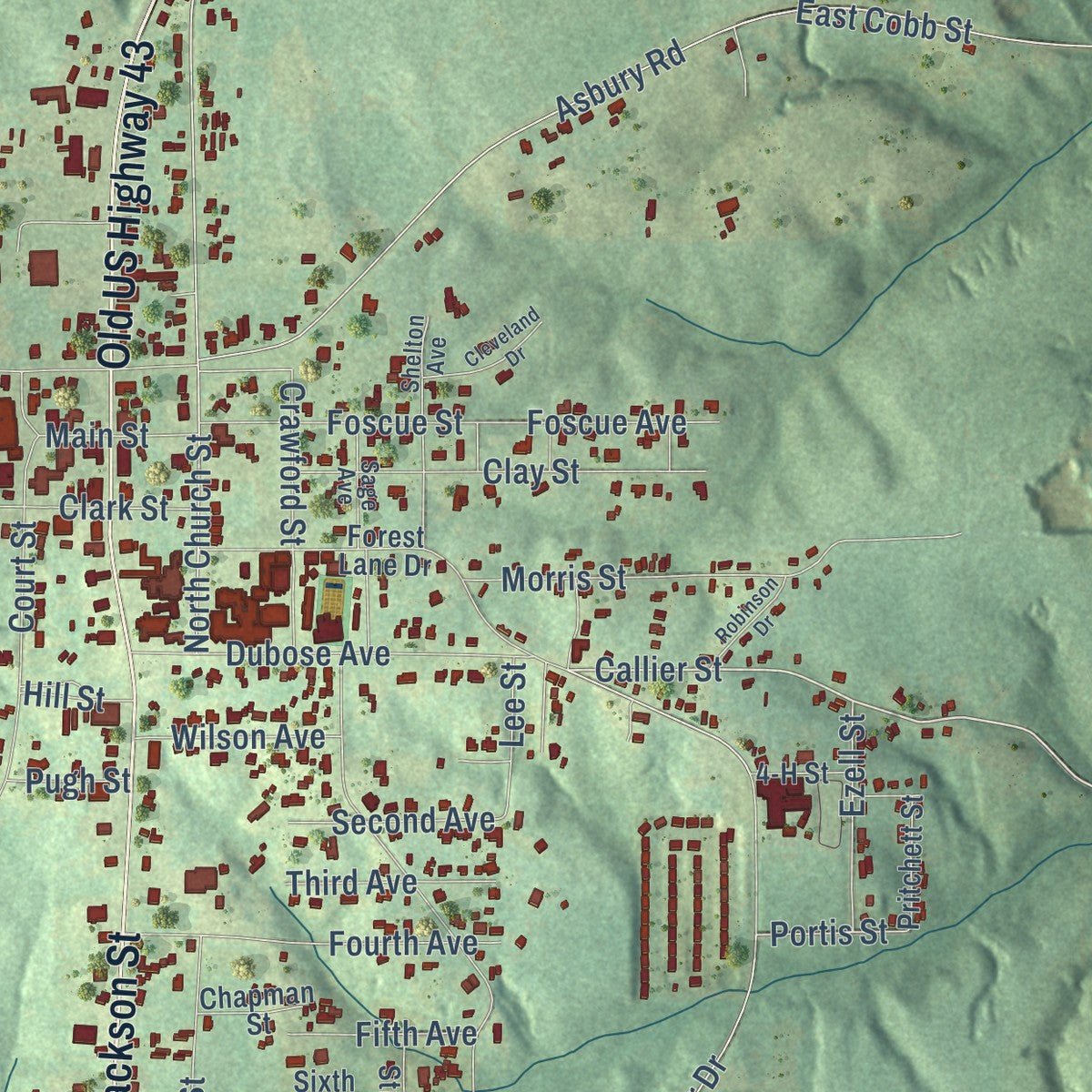 Close-up of the map of Grove Hill, Alabama print showing street and building detail