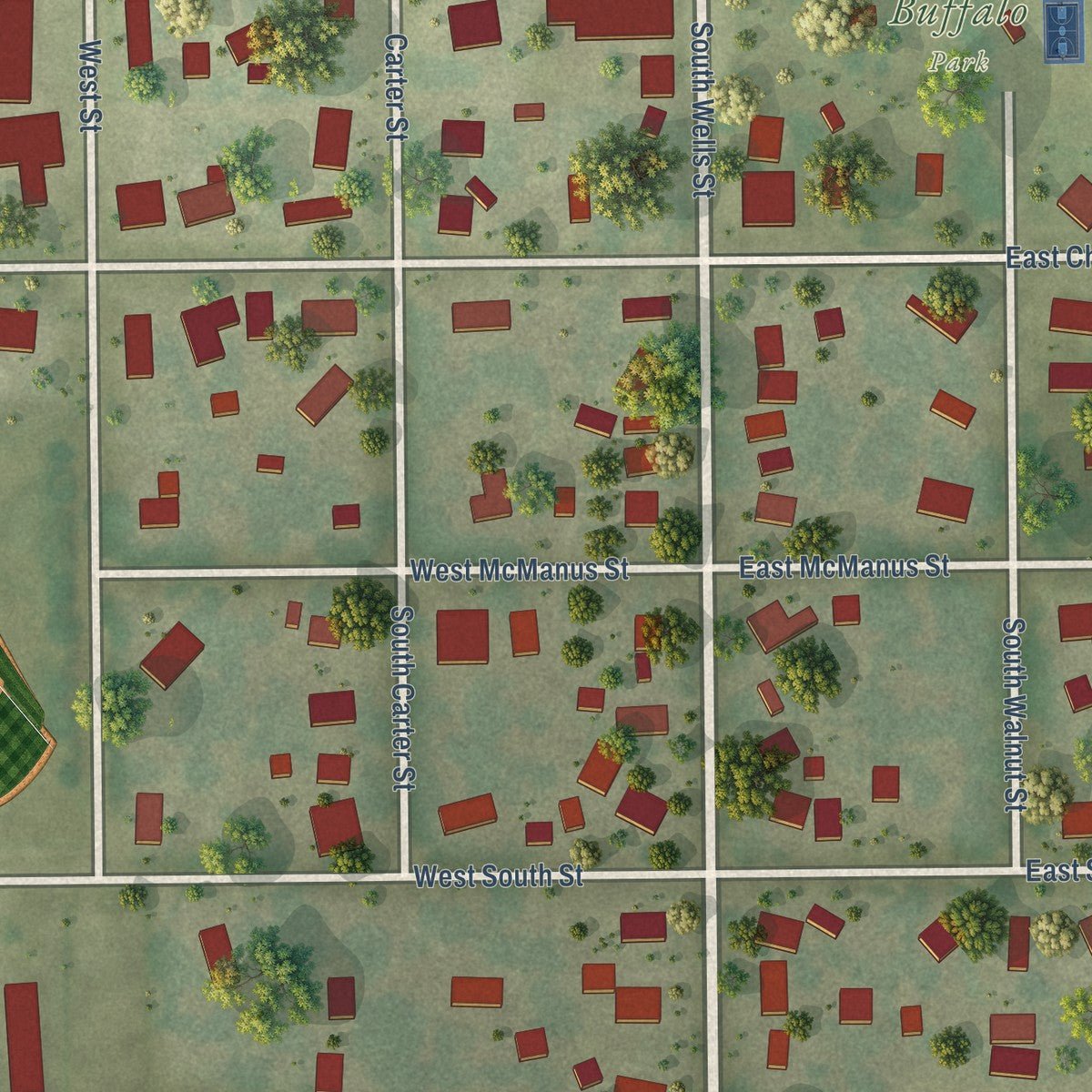 Close-up of the map of Buffalo, Illinois print showing street and building detail