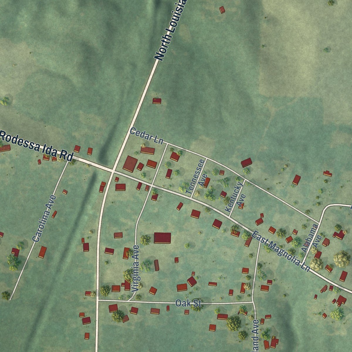 Close-up of the map of Ida, Louisiana print showing street and building detail
