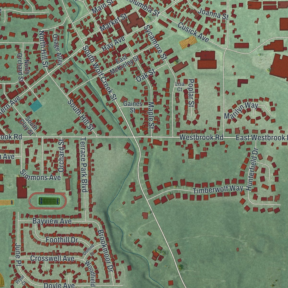 Close-up of the map of Brookville, Ohio print showing street and building detail