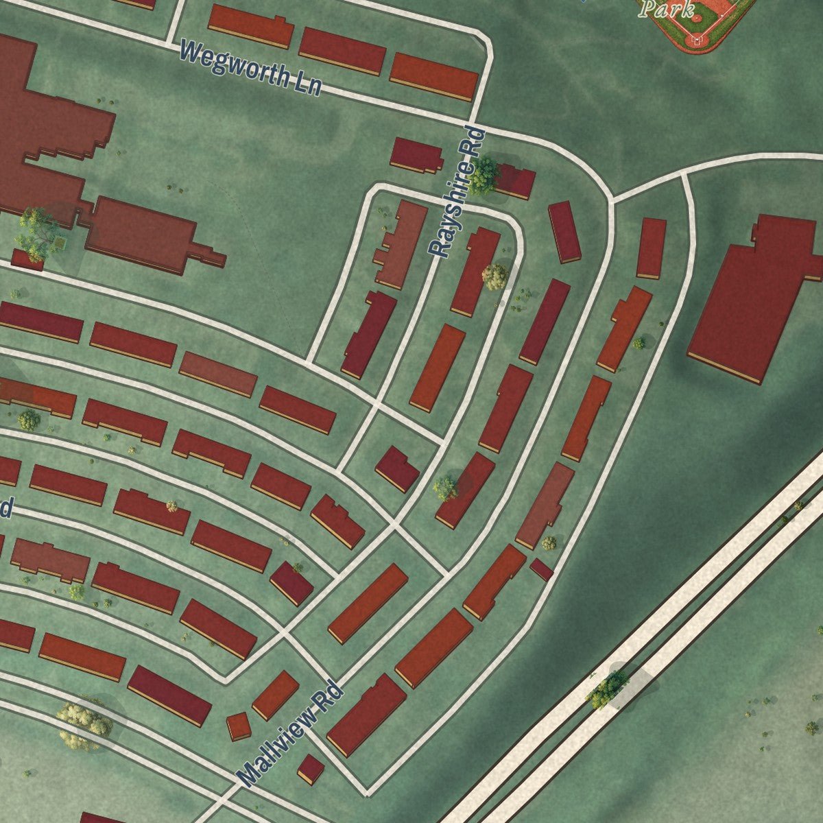 Close-up of the map of Lakeland, Maryland print showing street and building detail