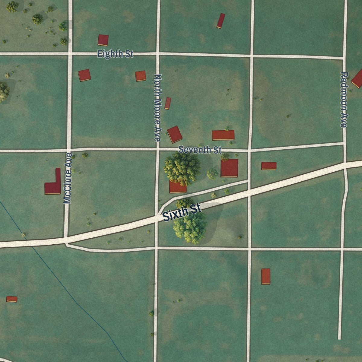 Close-up of the map of Strong City, Oklahoma print showing street and building detail