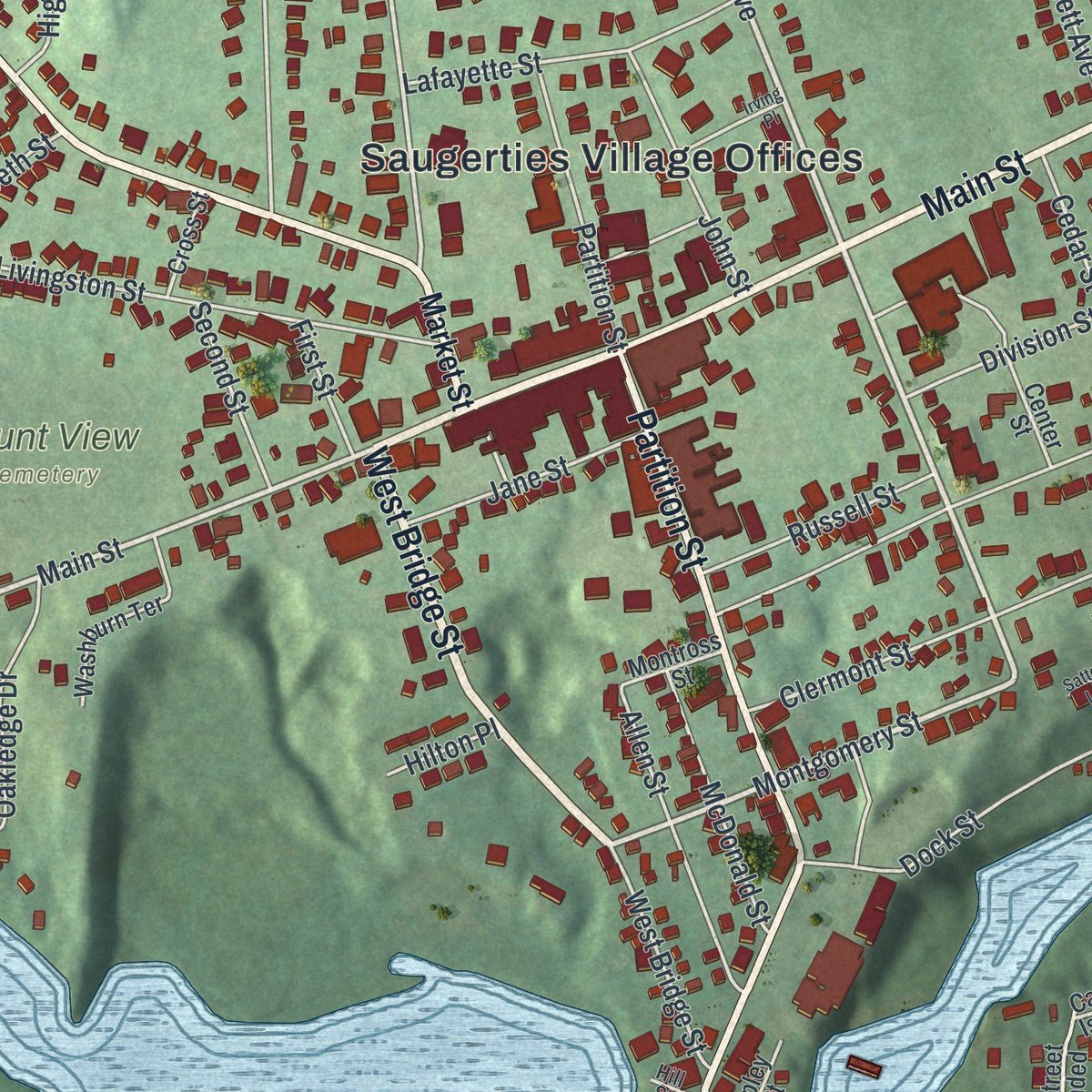 Close-up of the map of the Village of Saugerties, New York print showing street and building detail