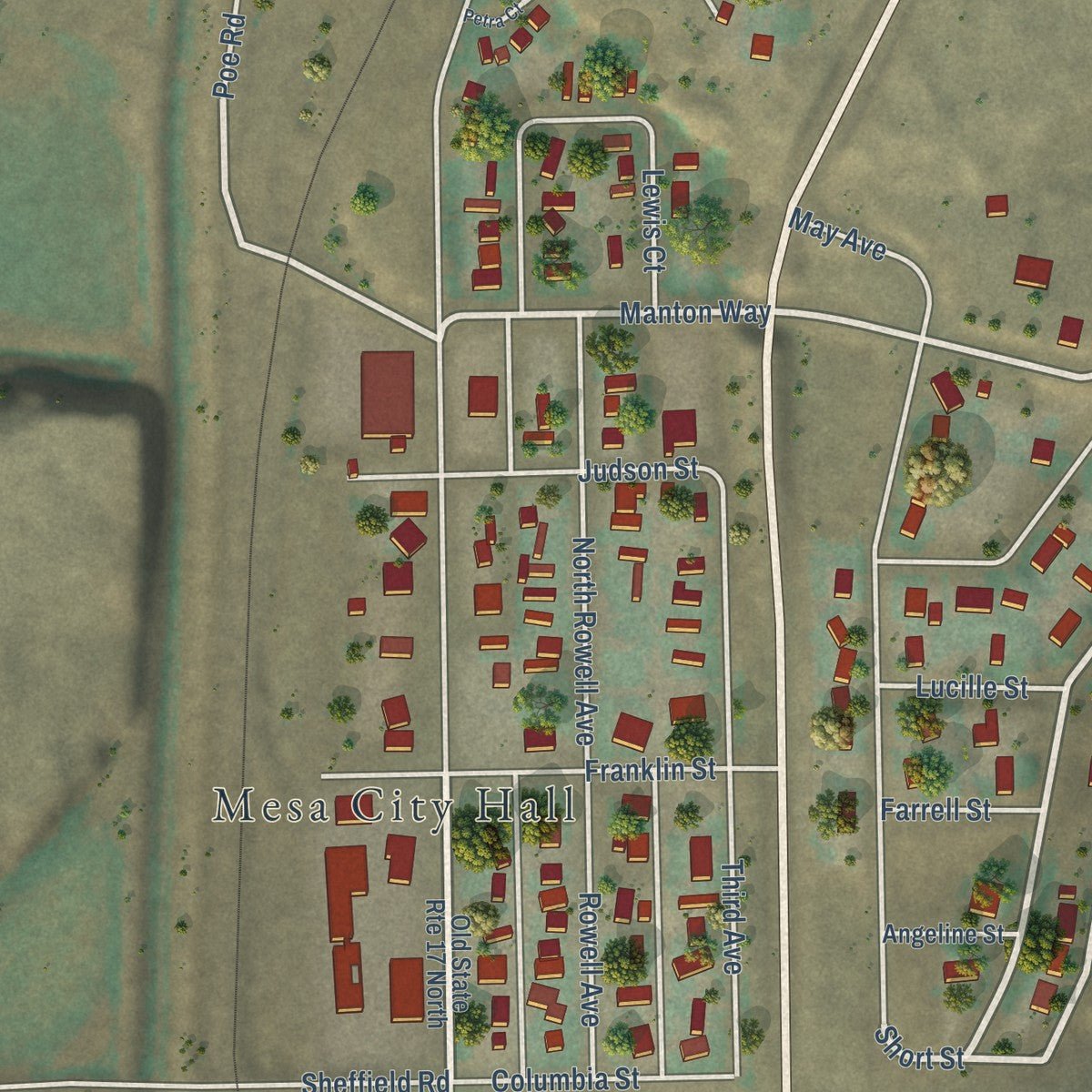 Close-up of the map of Mesa, Washington print showing street and building detail