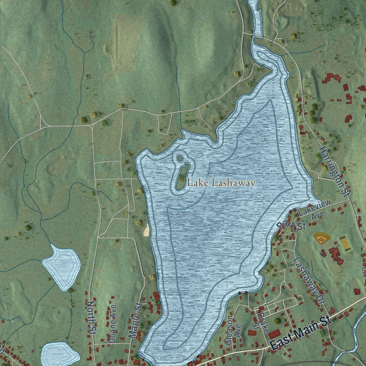 Close-up of the map of East Brookfield, Massachusetts print showing street and building detail
