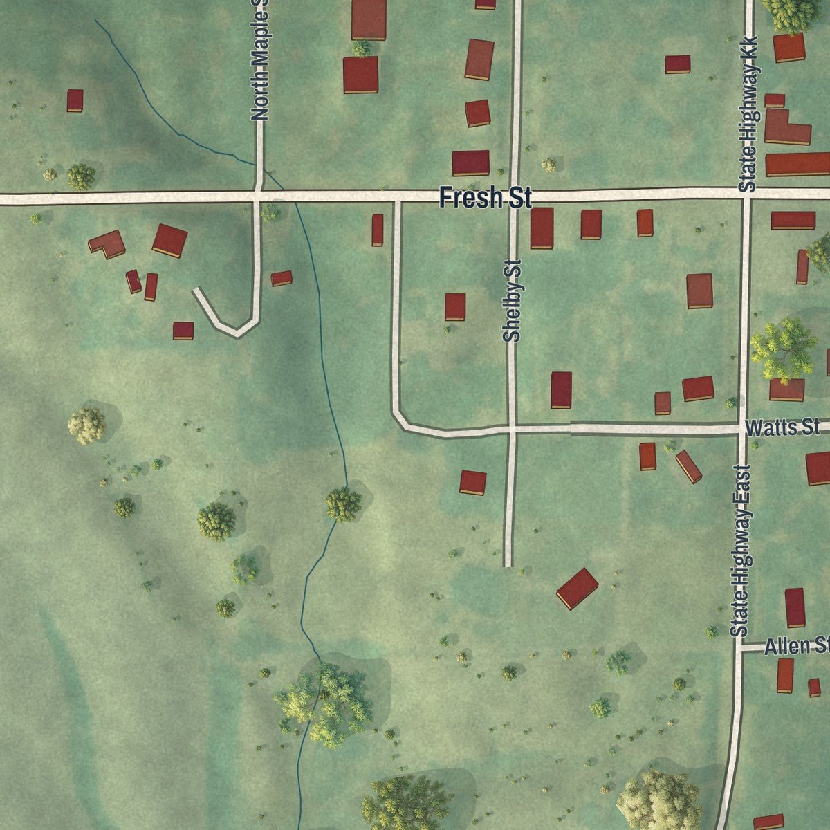 Close-up of the map of Newark, Missouri print showing street and building detail