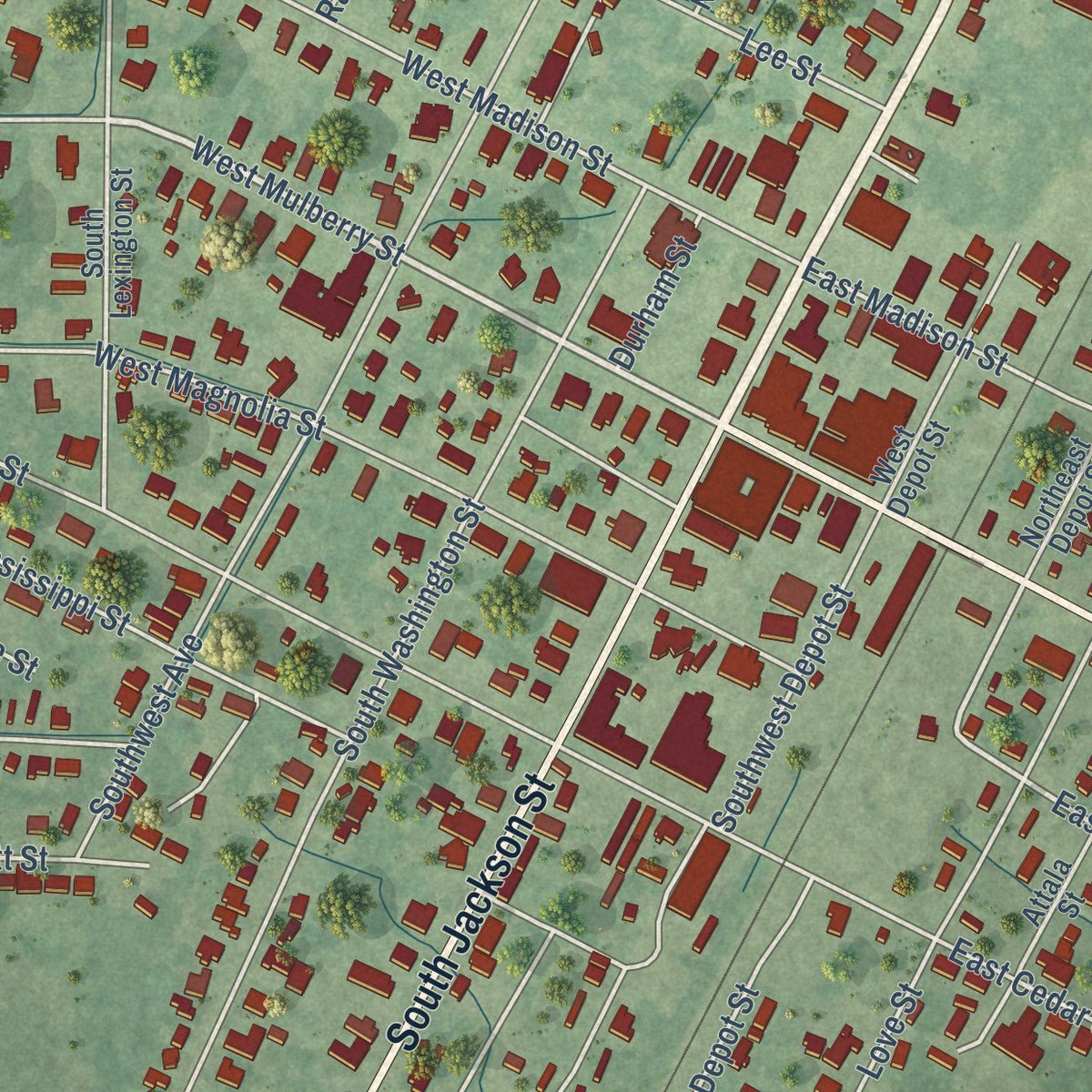 Close-up of the map of Durant, Mississippi print showing street and building detail