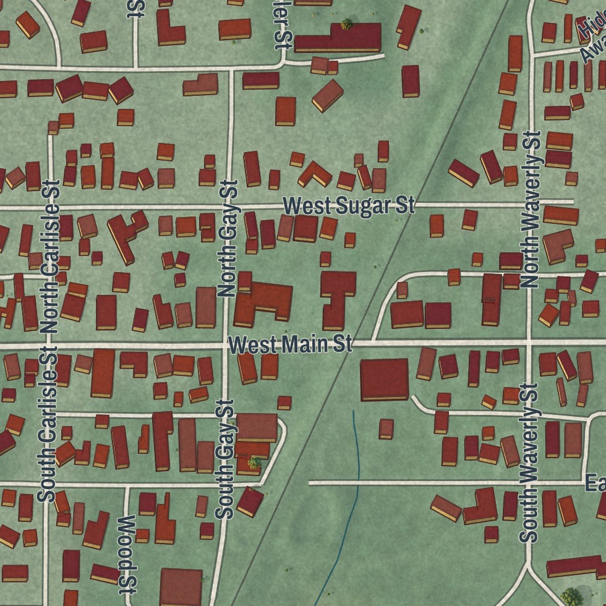 Close-up of the map of Cridersville, Ohio print showing street and building detail