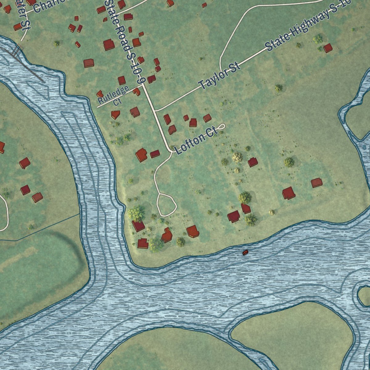Close-up of the map of McClellanville, South Carolina print showing street and building detail
