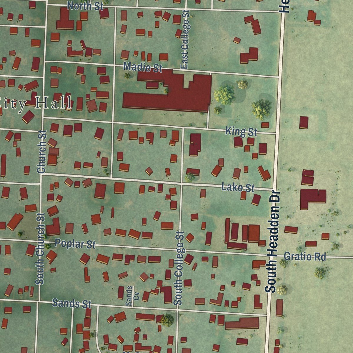 Close-up of the map of Ridgely, Tennessee print showing street and building detail