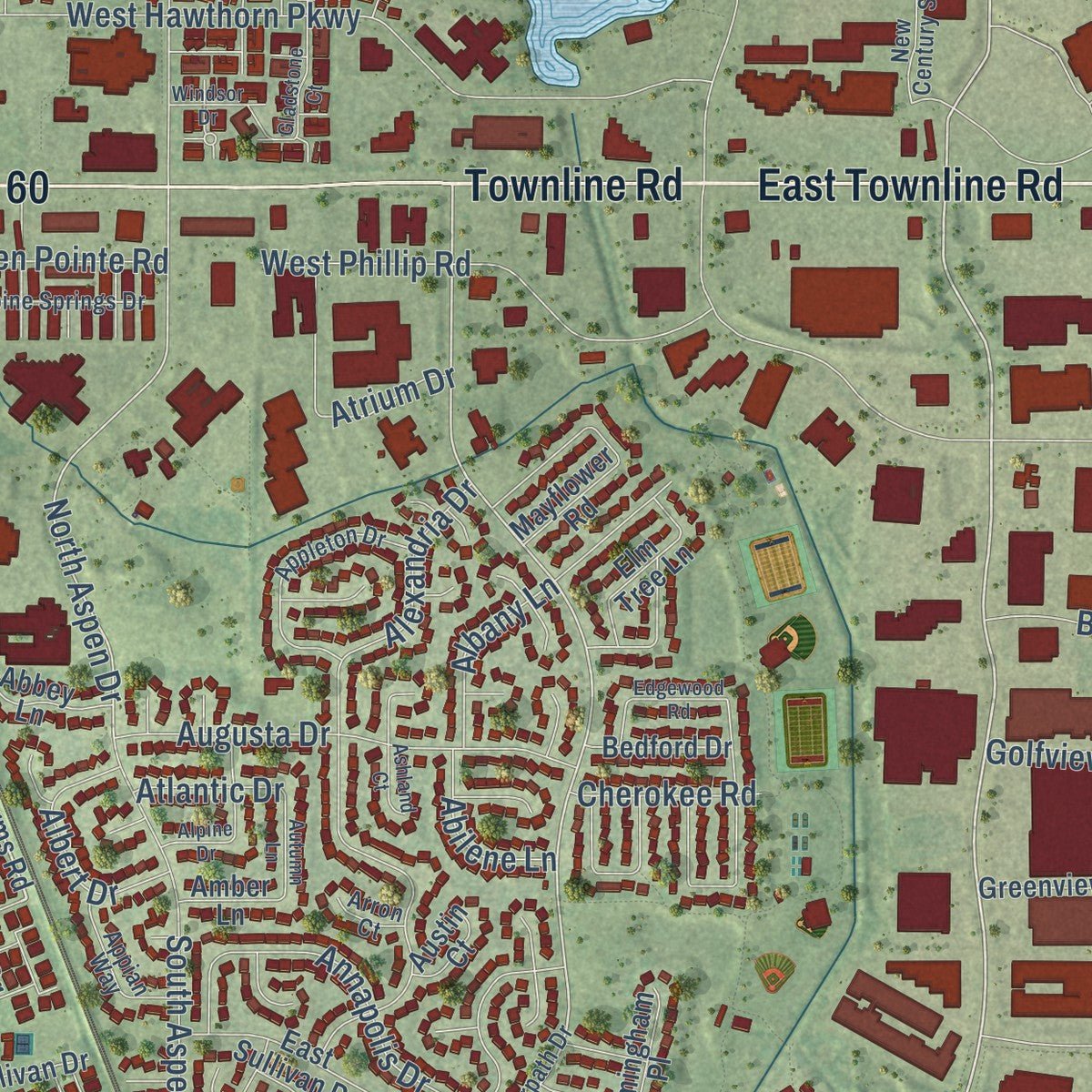 Close-up of the map of Vernon Hills, Illinois print showing street and building detail