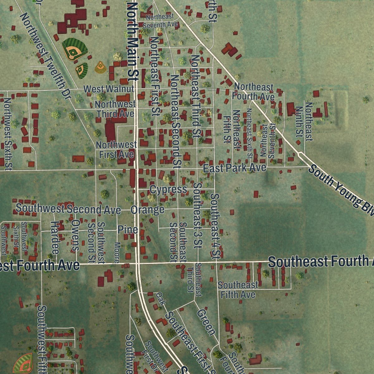 Close-up of the map of Chiefland, Florida print showing street and building detail