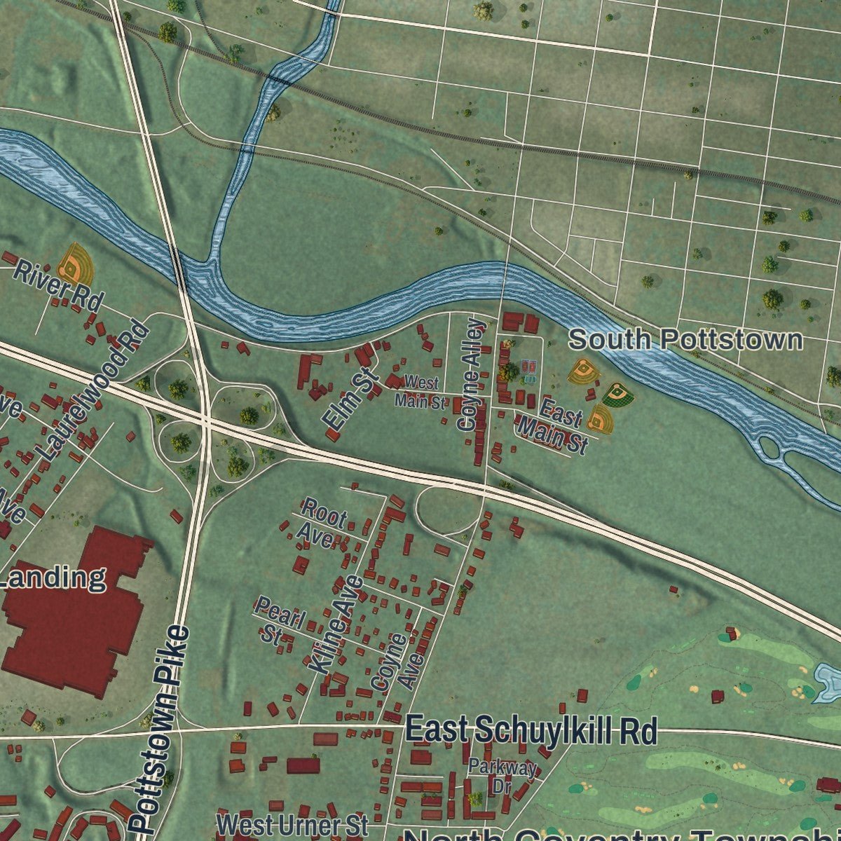 Close-up of the map of North Coventry, Pennsylvania print showing street and building detail
